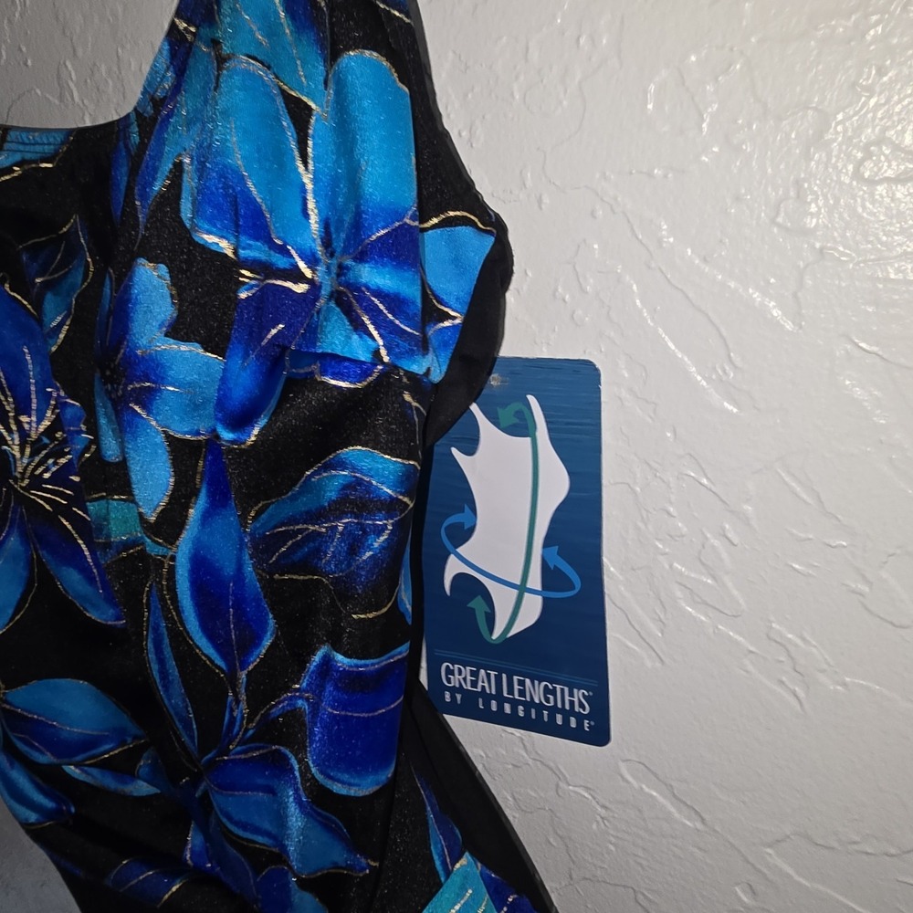 Great Lengths Swimsuit 10 One Piece Lined Shelf Bra Blue Black Gold Floral - Picture 3 of 7